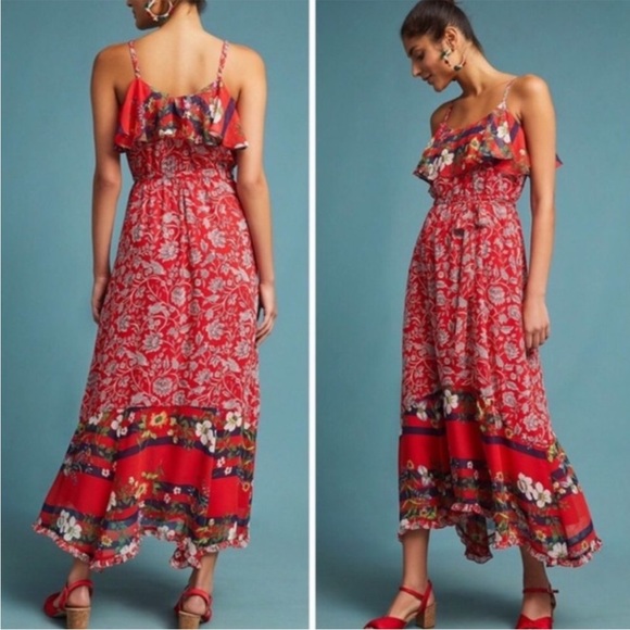 Anthropologie Dresses & Skirts - One September Anthropologie Zuri Red Floral Ruffle Flounce maxi Dress Size XS